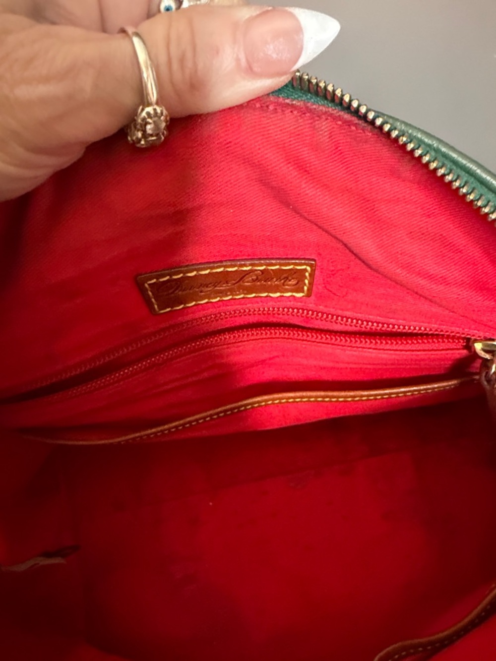 Dooney & Bourke Green Pebble Leather Satchel with Brown Trim and Tassel - Picture 6 of 9